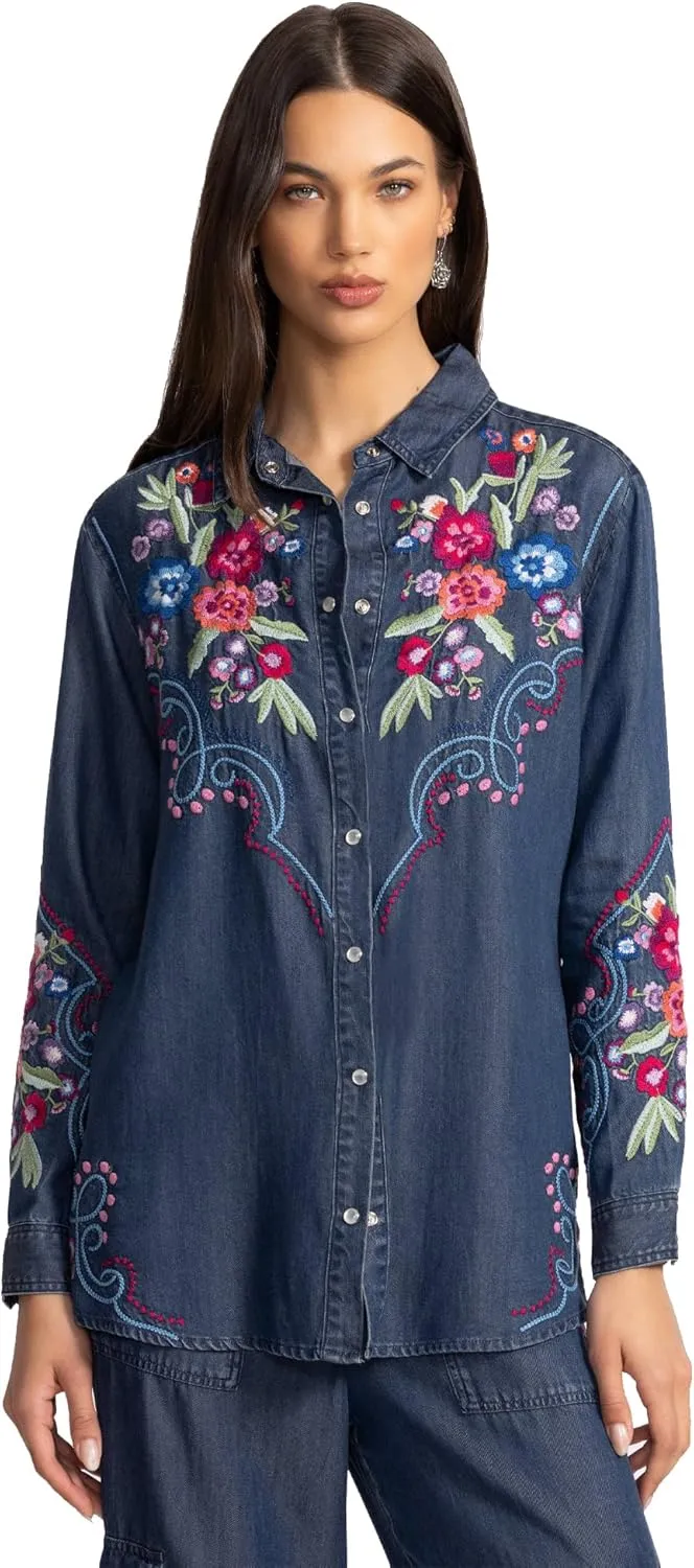 Johnny Was Button Down Oversized Shirt Tunic Floral Embroidery Denim Blue Top New