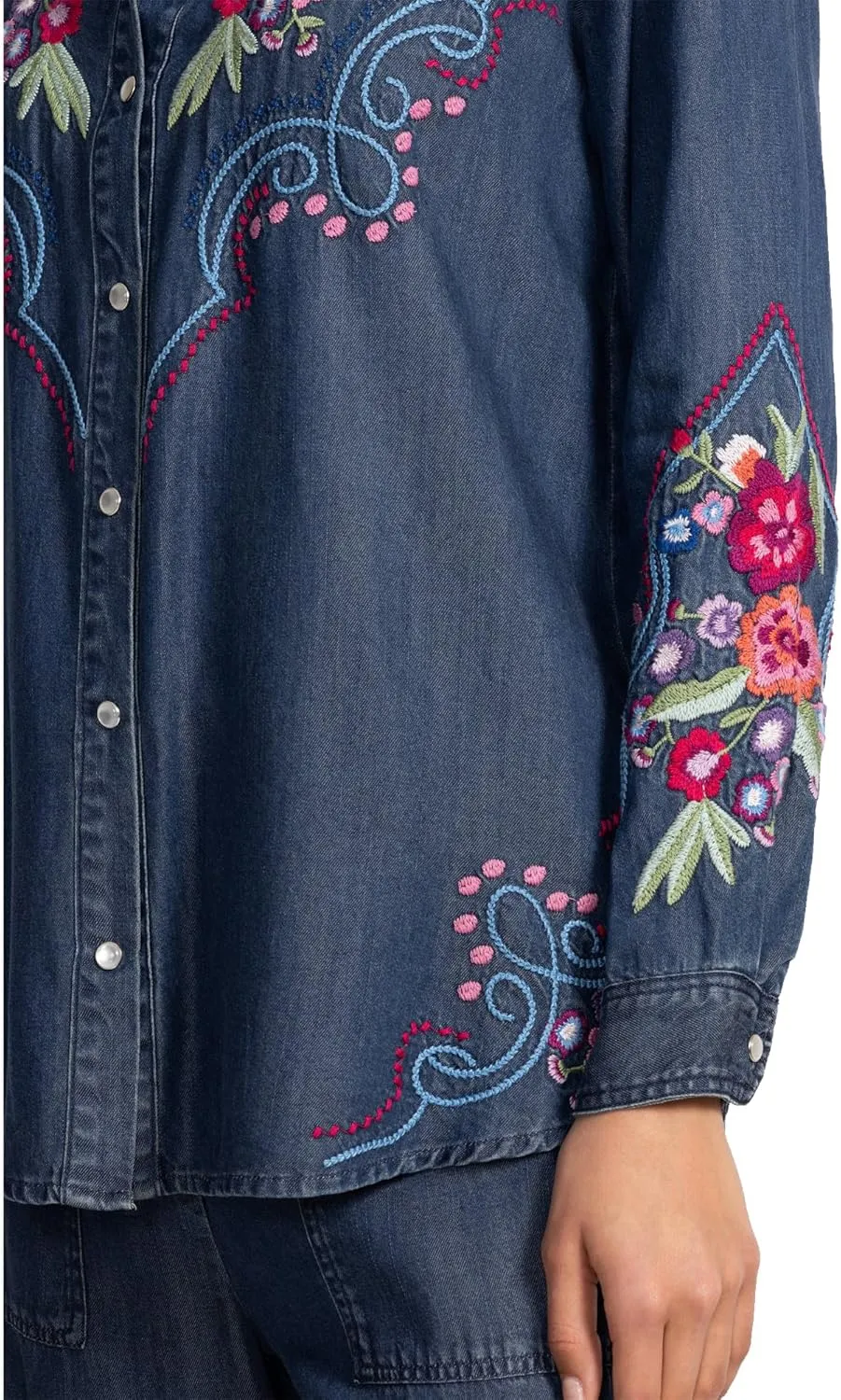 Johnny Was Button Down Oversized Shirt Tunic Floral Embroidery Denim Blue Top New