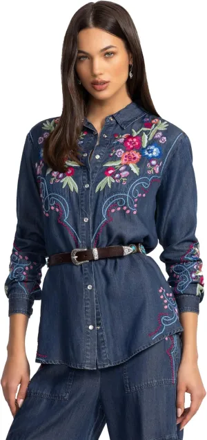 Johnny Was Button Down Oversized Shirt Tunic Floral Embroidery Denim Blue Top New