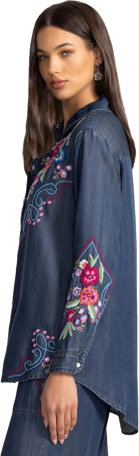 Johnny Was Button Down Oversized Shirt Tunic Floral Embroidery Denim Blue Top New