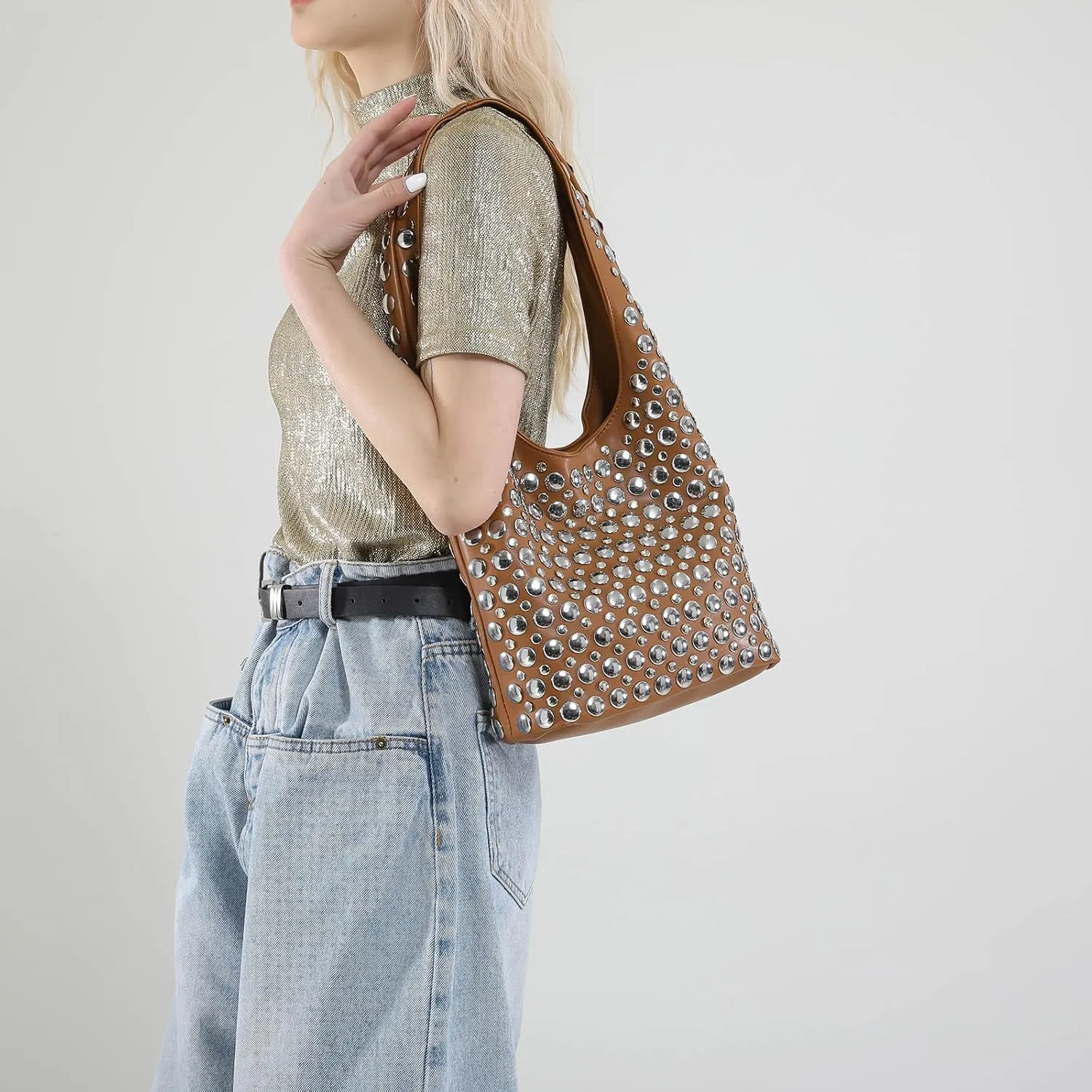 JQAliMOVV Studded Purses for Women Vegan Leather Tote Bag 90s Y2K Punk Purse Stud Shoulder Handbags