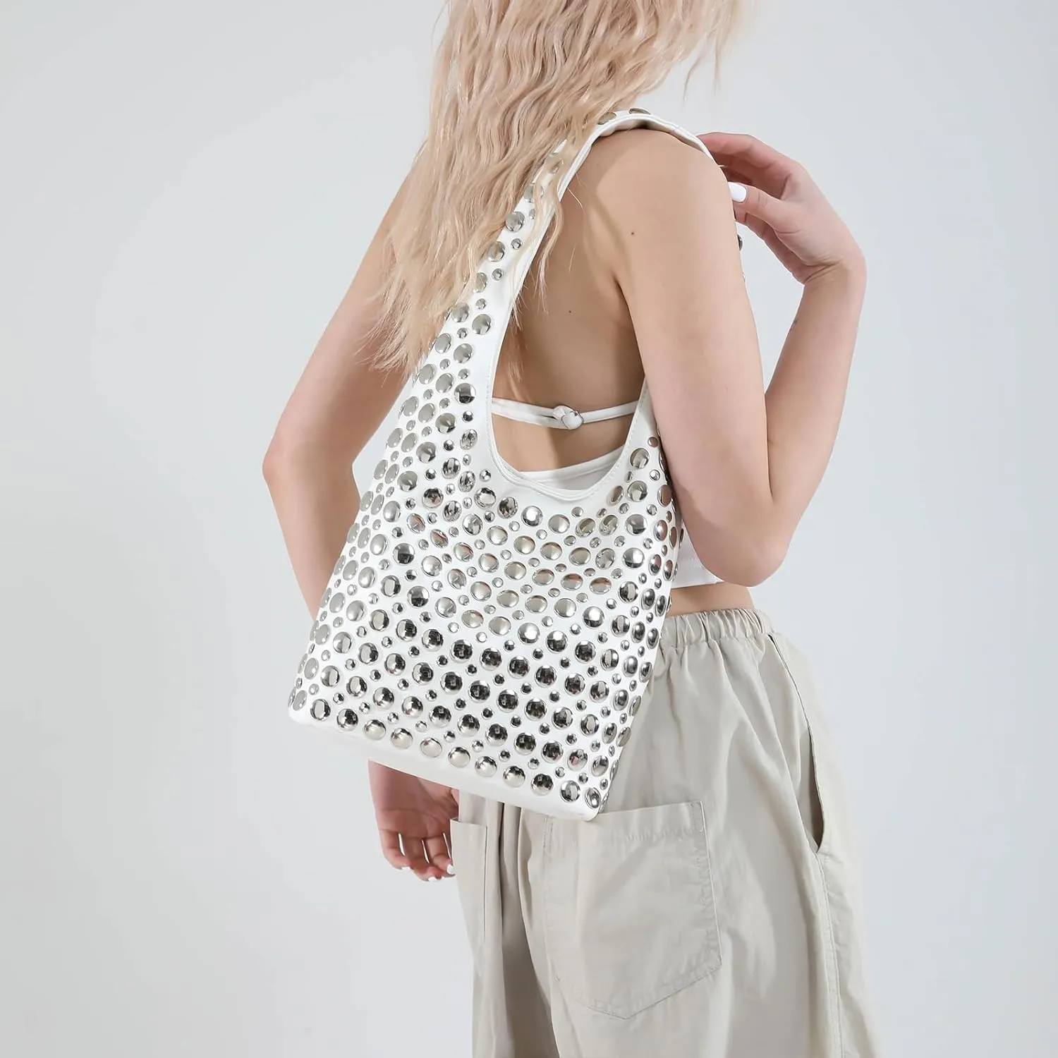 JQAliMOVV Studded Purses for Women Vegan Leather Tote Bag 90s Y2K Punk Purse Stud Shoulder Handbags