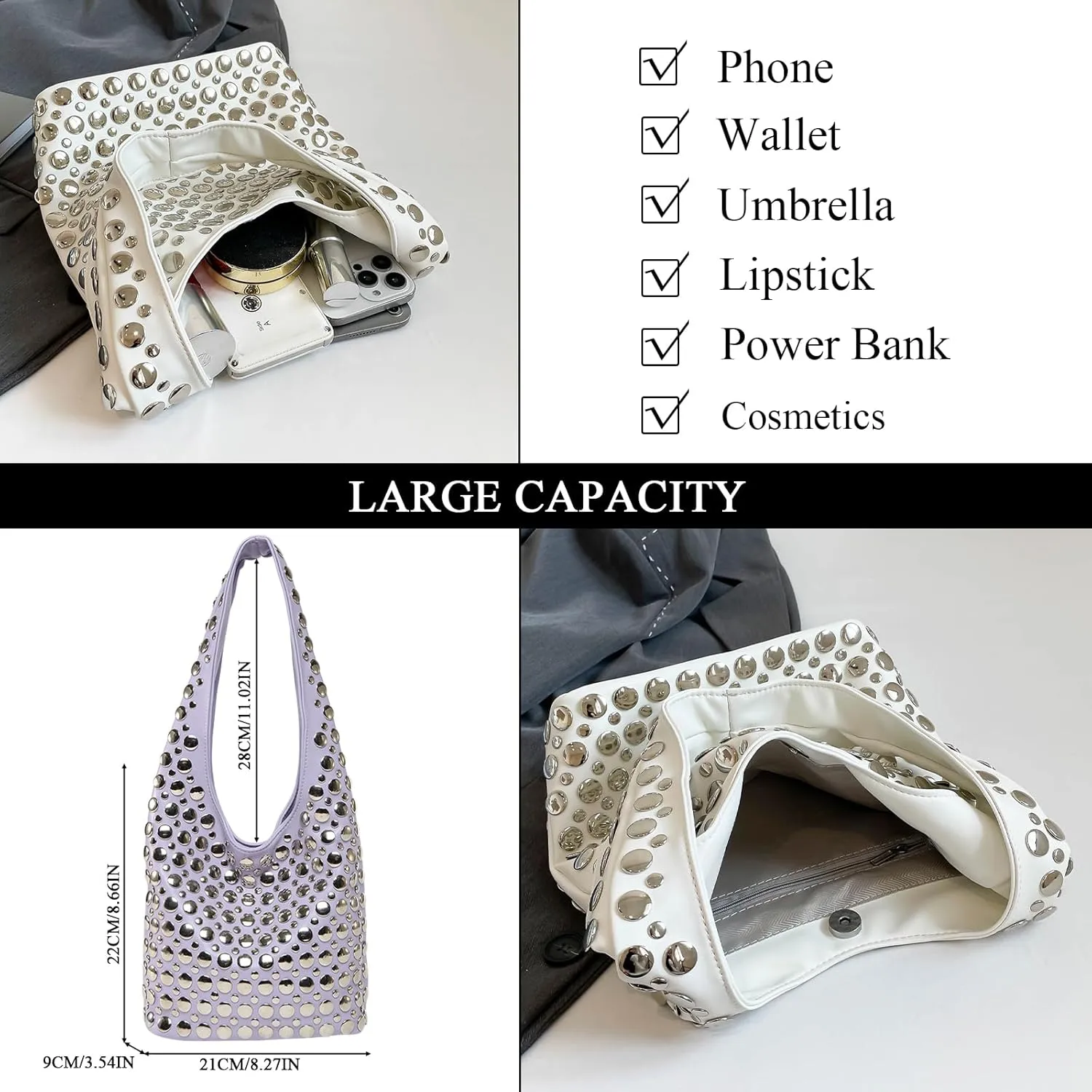 JQAliMOVV Studded Purses for Women Vegan Leather Tote Bag 90s Y2K Punk Purse Stud Shoulder Handbags
