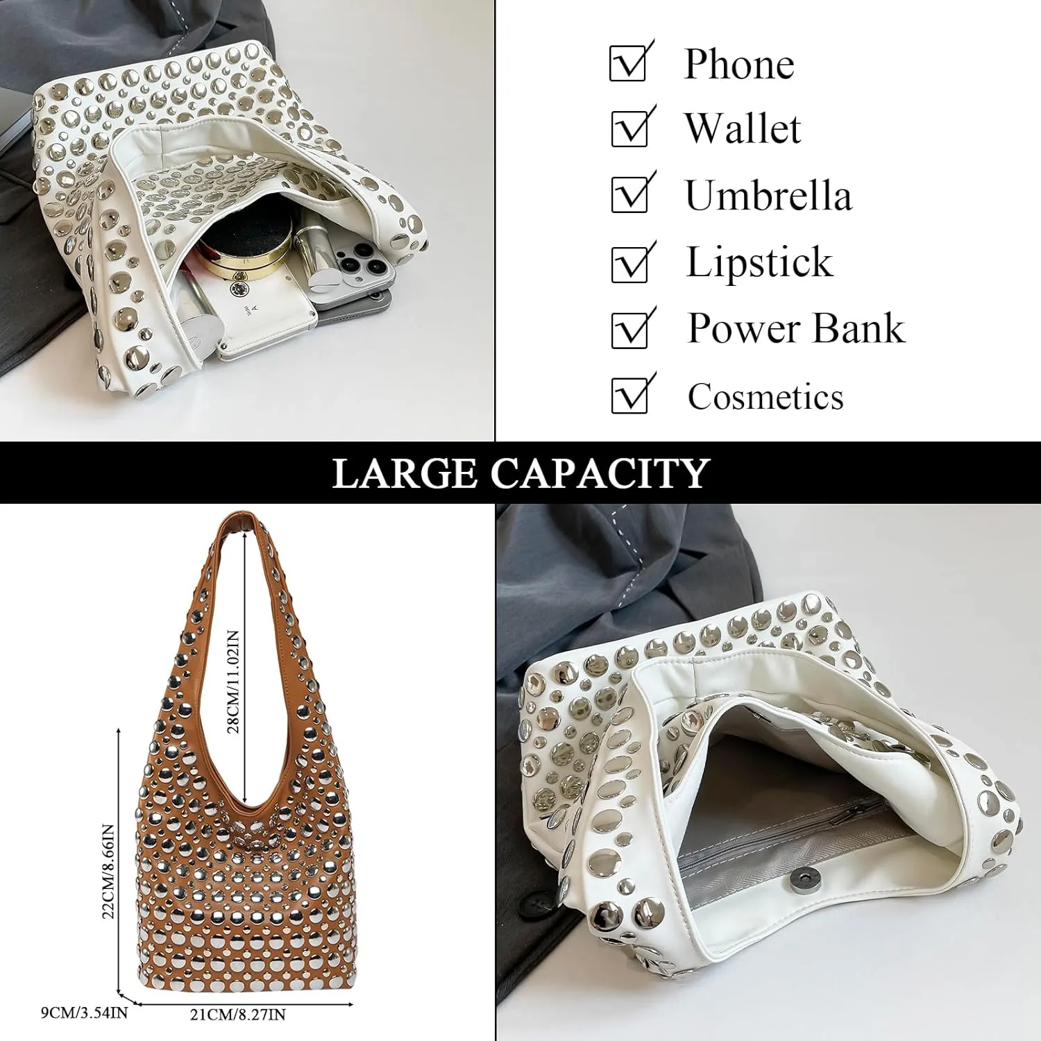 JQAliMOVV Studded Purses for Women Vegan Leather Tote Bag 90s Y2K Punk Purse Stud Shoulder Handbags
