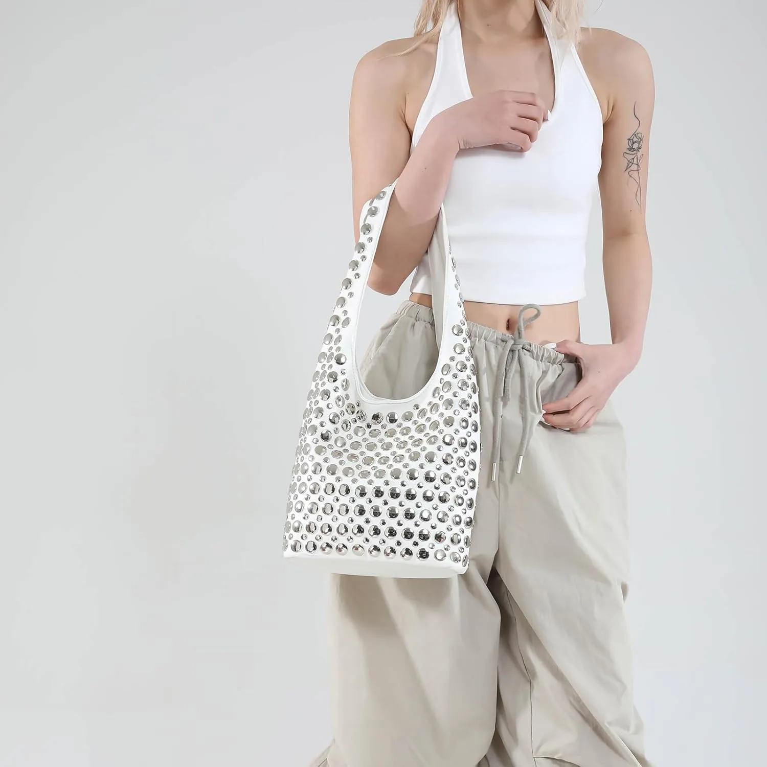 JQAliMOVV Studded Purses for Women Vegan Leather Tote Bag 90s Y2K Punk Purse Stud Shoulder Handbags
