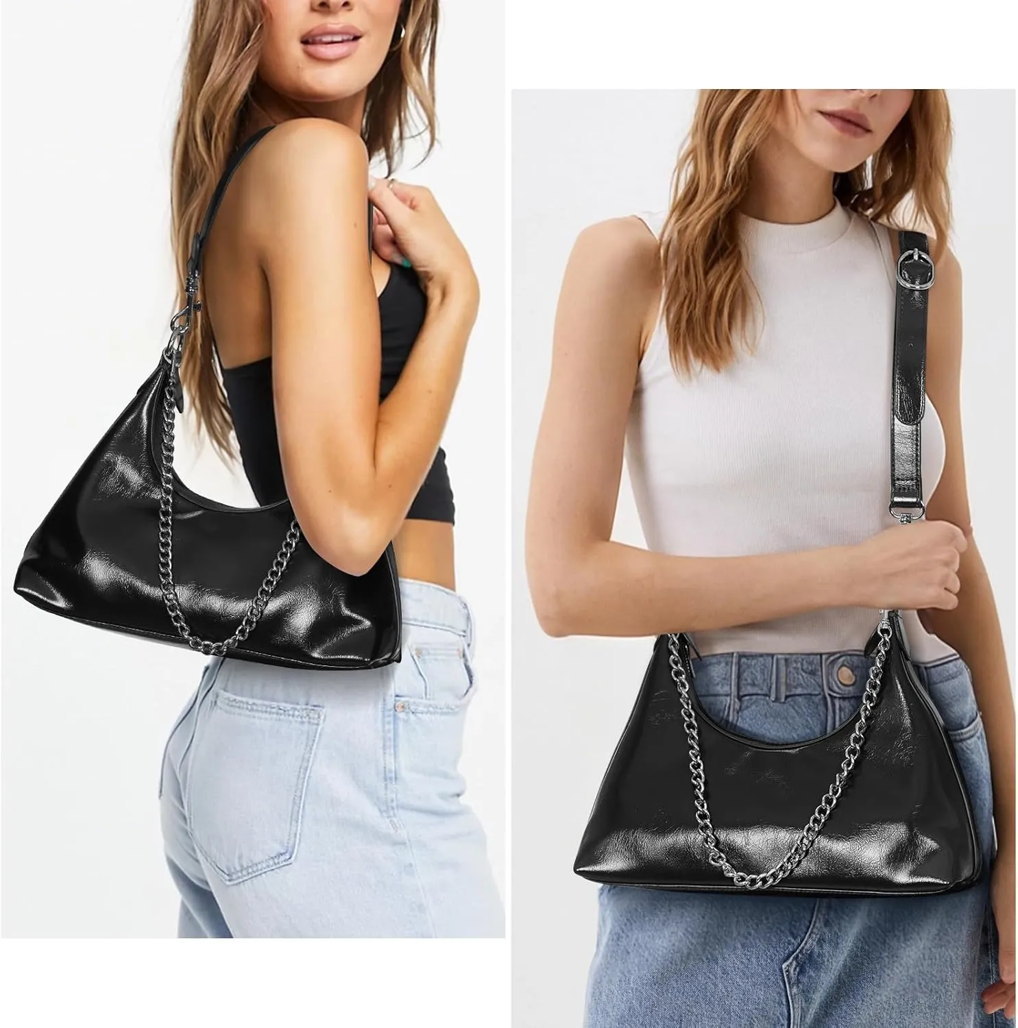 JQWSVE Crescent Shoulder Bags for Women Glossy Leather Hobo Handbag Trendy Crossbody Bag with Adjustable Strap