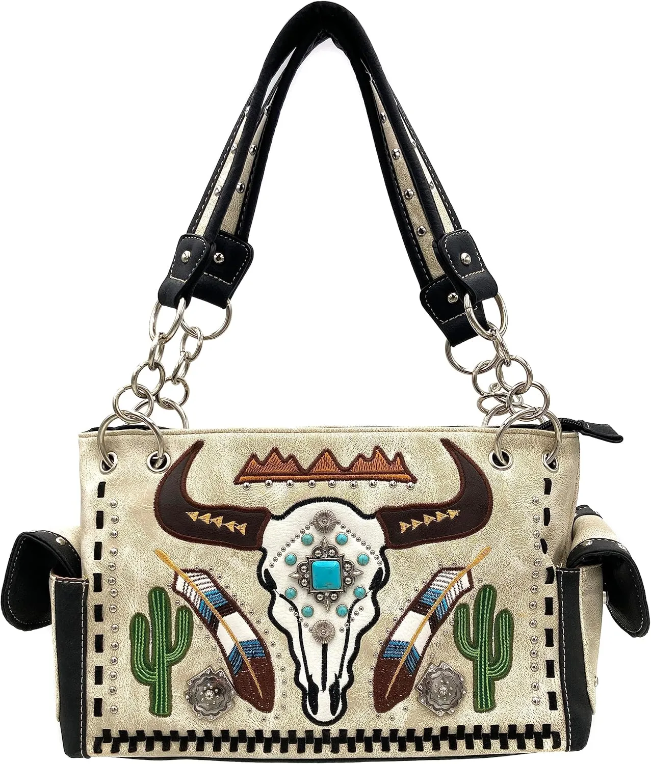 Justin West Native Longhorn Cow Skull Cactus Feather Color Conceal Carry Shoulder Handbag Purse | Trifold Wallet