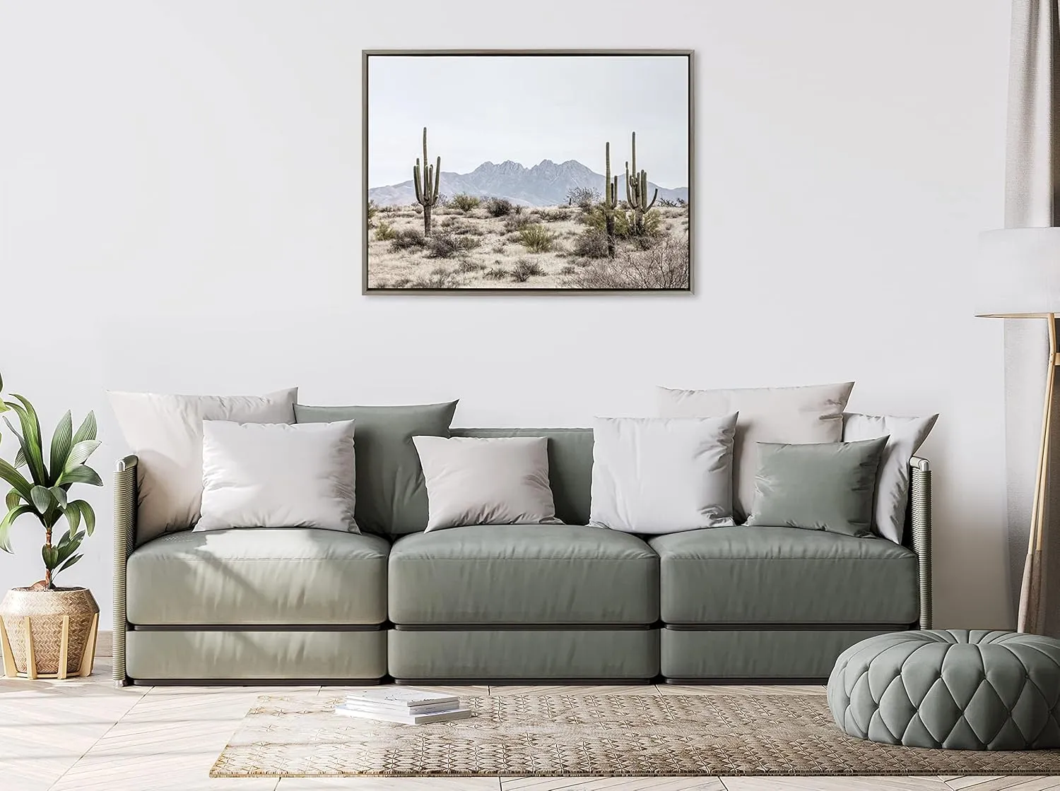 Kate and Laurel Sylvie Tall Saguaro Cacti Desert Mountain Framed Canvas Wall Art by The Creative Bunch Studio, 28x38 Gray, Decorative Nature Cactus Art Wall Décor