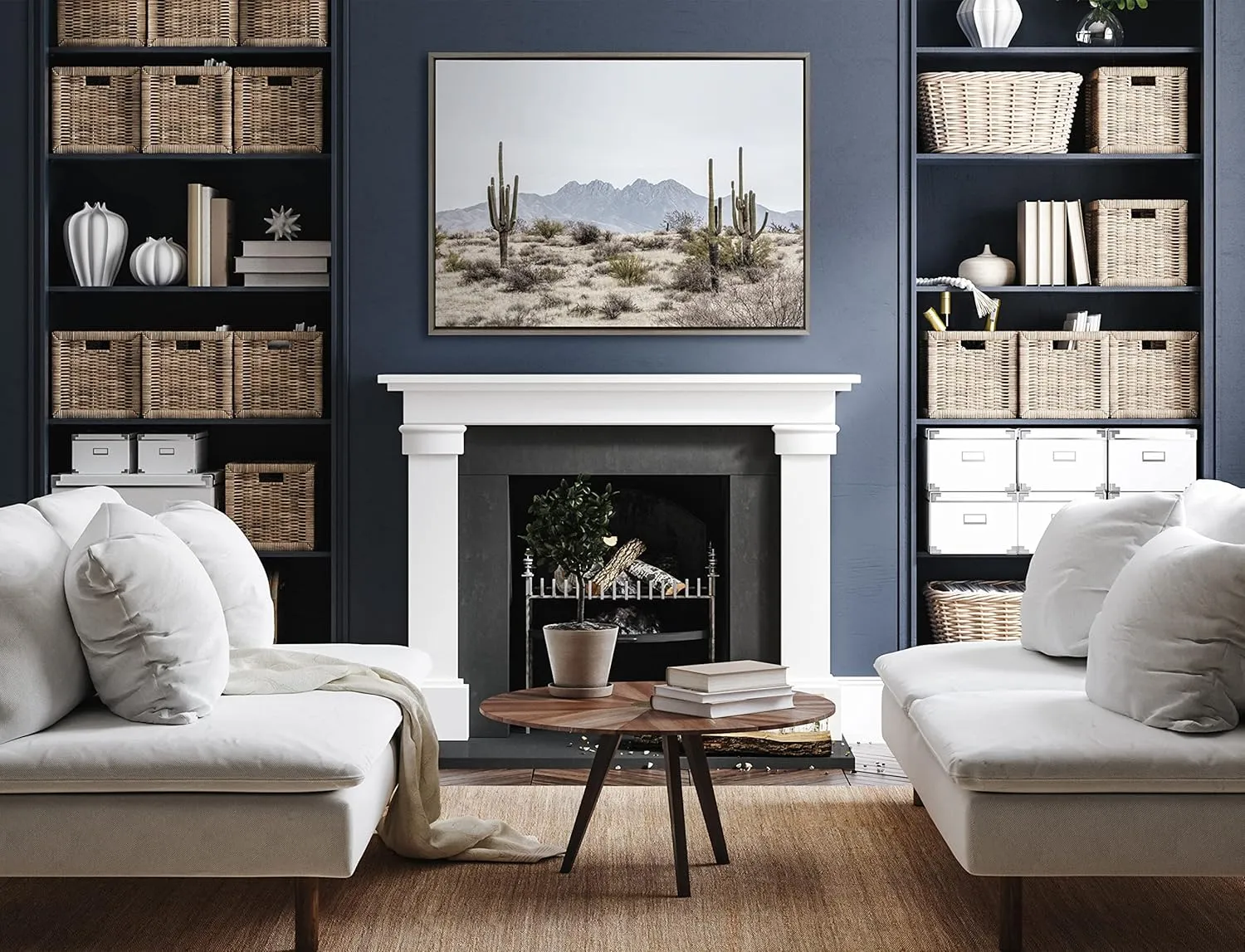 Kate and Laurel Sylvie Tall Saguaro Cacti Desert Mountain Framed Canvas Wall Art by The Creative Bunch Studio, 28x38 Gray, Decorative Nature Cactus Art Wall Décor