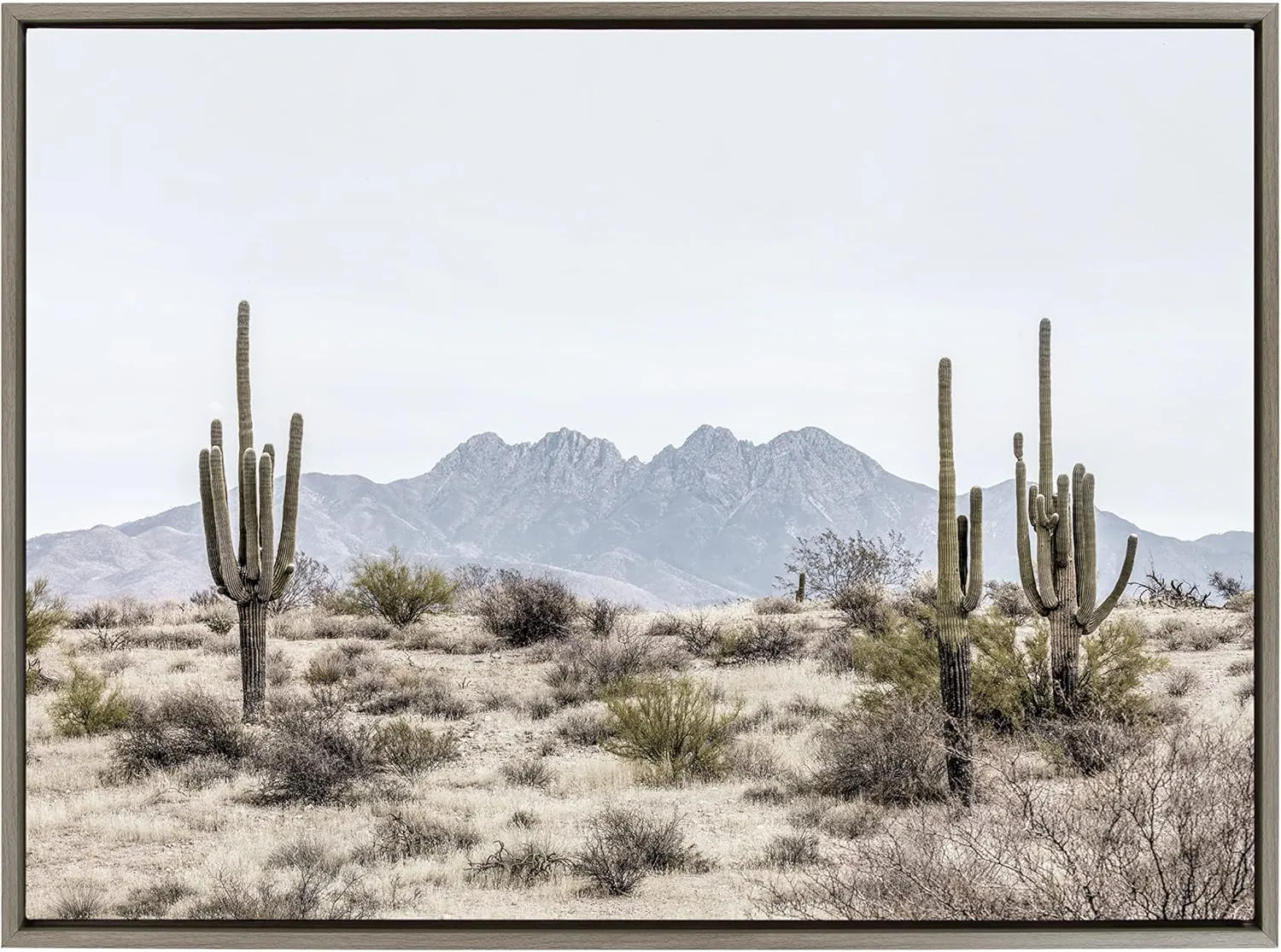 Kate and Laurel Sylvie Tall Saguaro Cacti Desert Mountain Framed Canvas Wall Art by The Creative Bunch Studio, 28x38 Gray, Decorative Nature Cactus Art Wall Décor