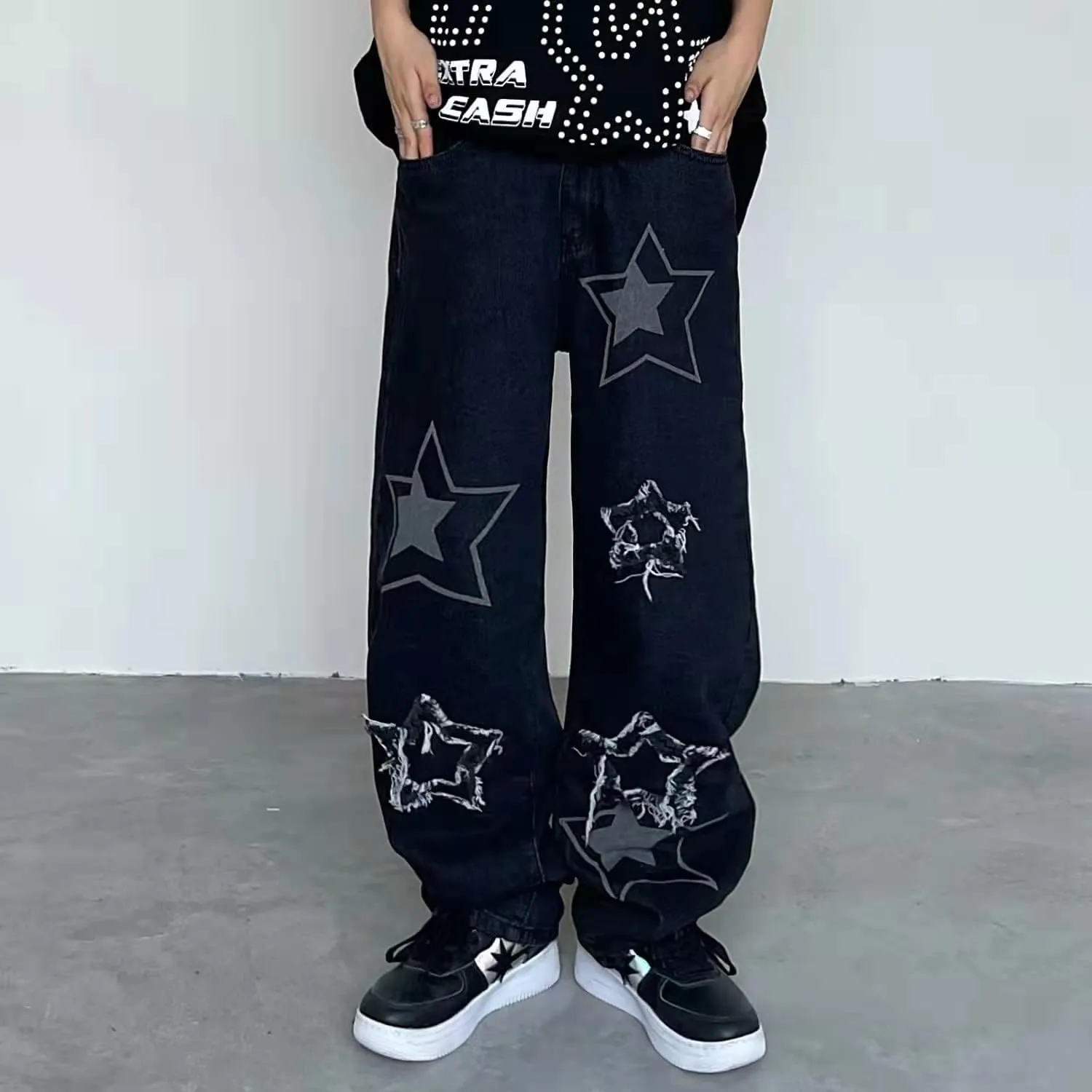 KCLOT Men's Relaxed Fit Hip Hop Straight Jeans Wide Leg Denim Pants 90's Style