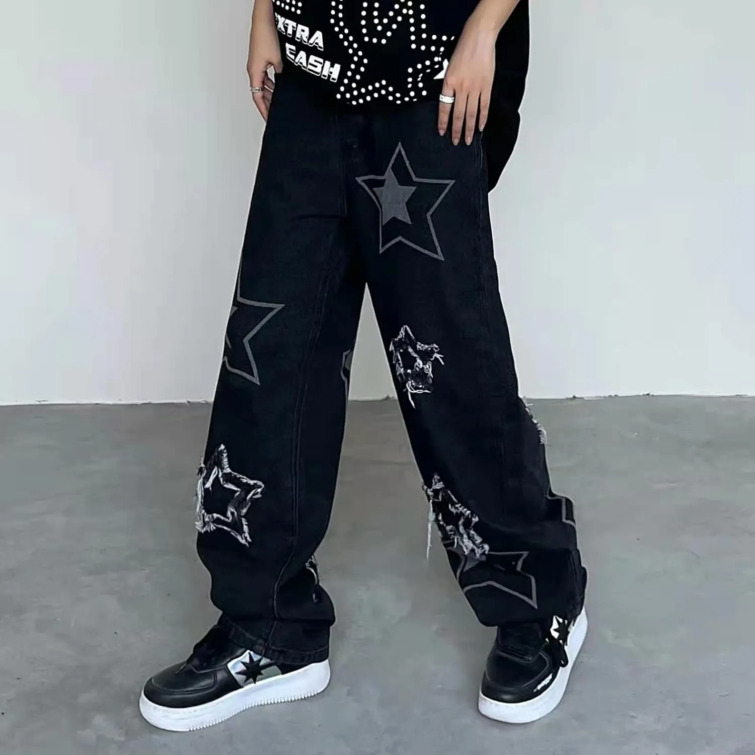KCLOT Men's Relaxed Fit Hip Hop Straight Jeans Wide Leg Denim Pants 90's Style