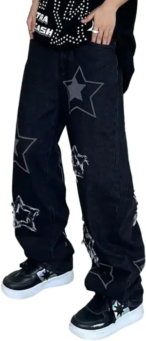 KCLOT Men's Relaxed Fit Hip Hop Straight Jeans Wide Leg Denim Pants 90's Style