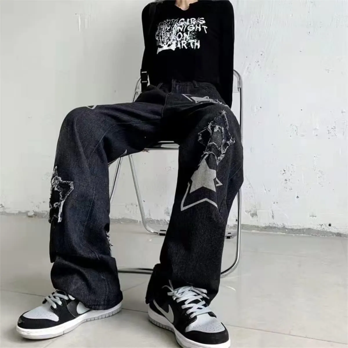 KCLOT Men's Relaxed Fit Hip Hop Straight Jeans Wide Leg Denim Pants 90's Style