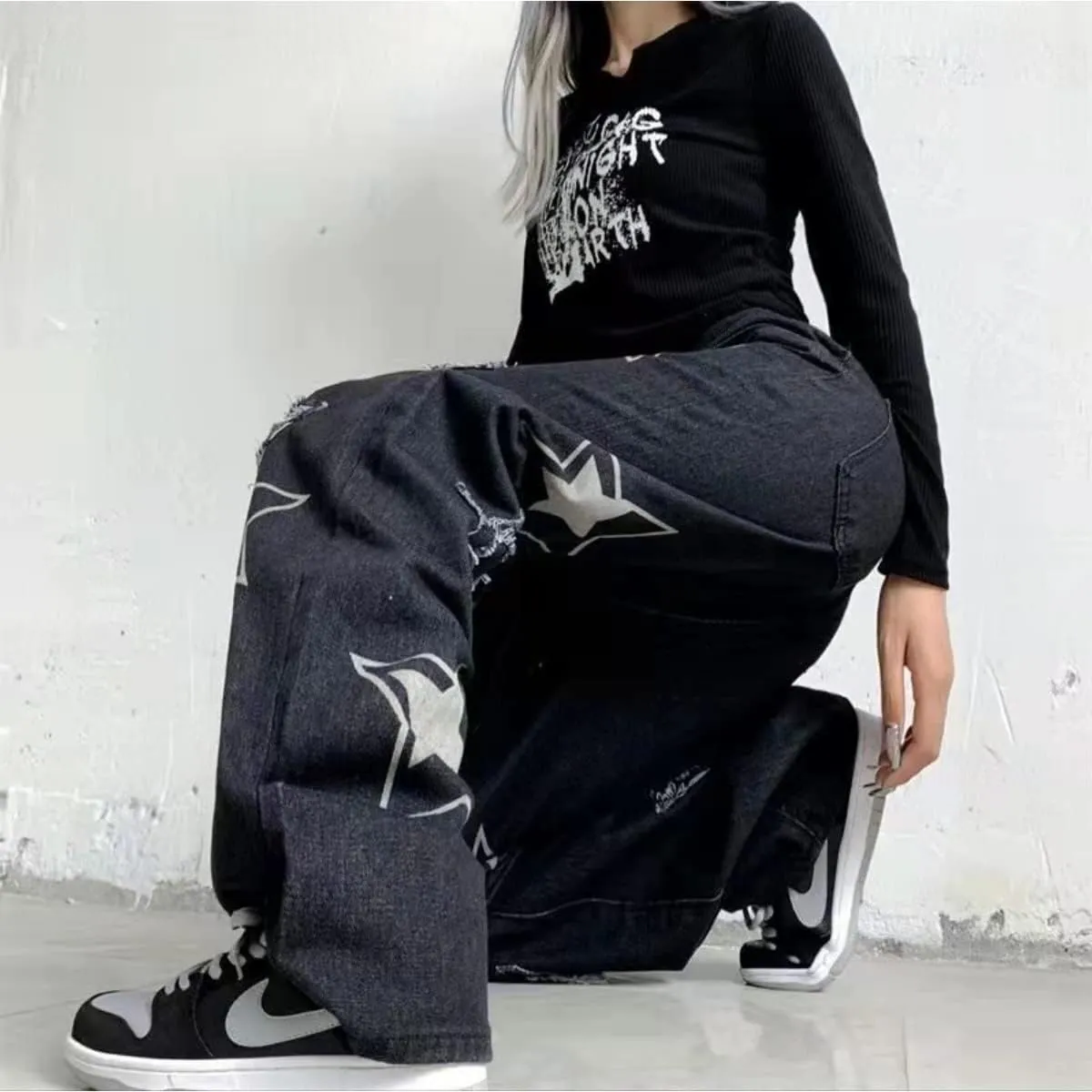 KCLOT Men's Relaxed Fit Hip Hop Straight Jeans Wide Leg Denim Pants 90's Style