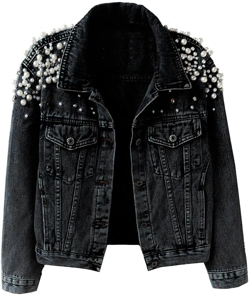 Kedera Women's Jean Jacket Embroidered Rivet Pearl Short Denim Jacket Coat