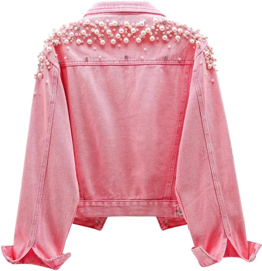 Kedera Women's Jean Jacket Embroidered Rivet Pearl Short Denim Jacket Coat