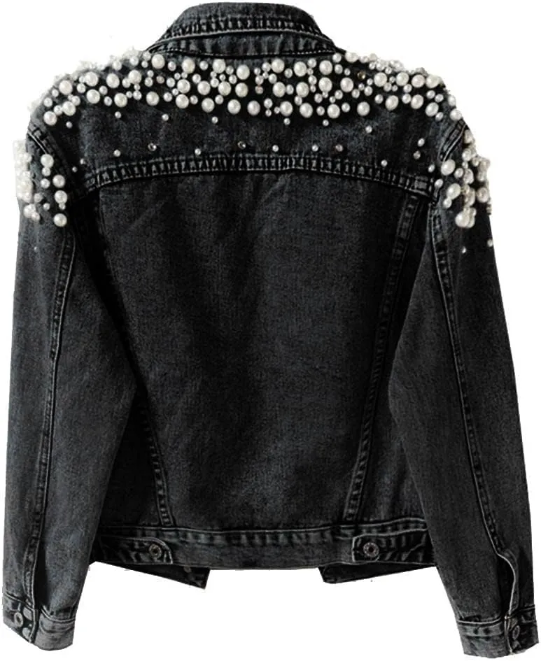 Kedera Women's Jean Jacket Embroidered Rivet Pearl Short Denim Jacket Coat