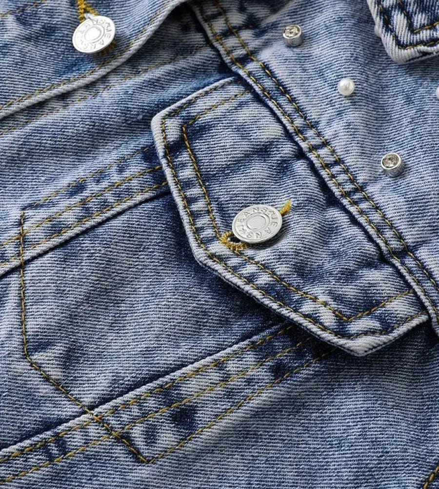 Kedera Women's Jean Jacket Embroidered Rivet Pearl Short Denim Jacket Coat