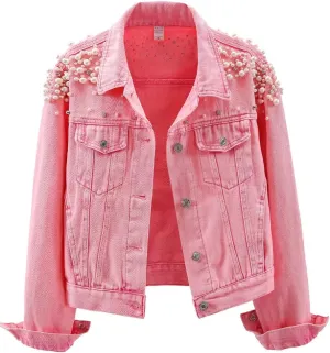 Kedera Women's Jean Jacket Embroidered Rivet Pearl Short Denim Jacket Coat