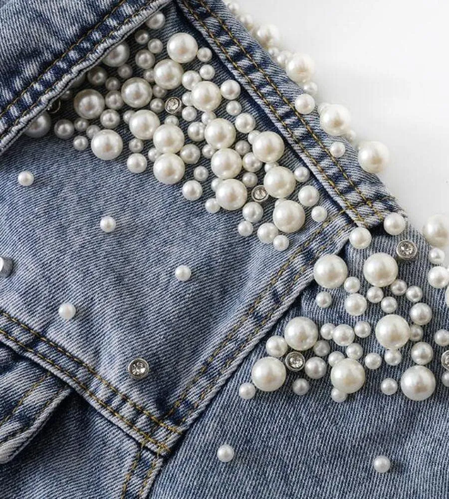 Kedera Women's Jean Jacket Embroidered Rivet Pearl Short Denim Jacket Coat