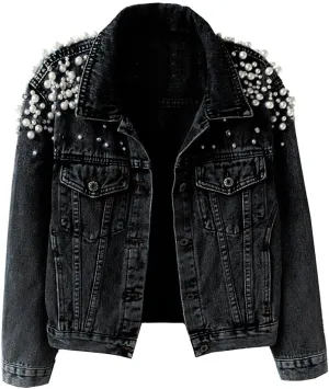 Kedera Women's Jean Jacket Embroidered Rivet Pearl Short Denim Jacket Coat