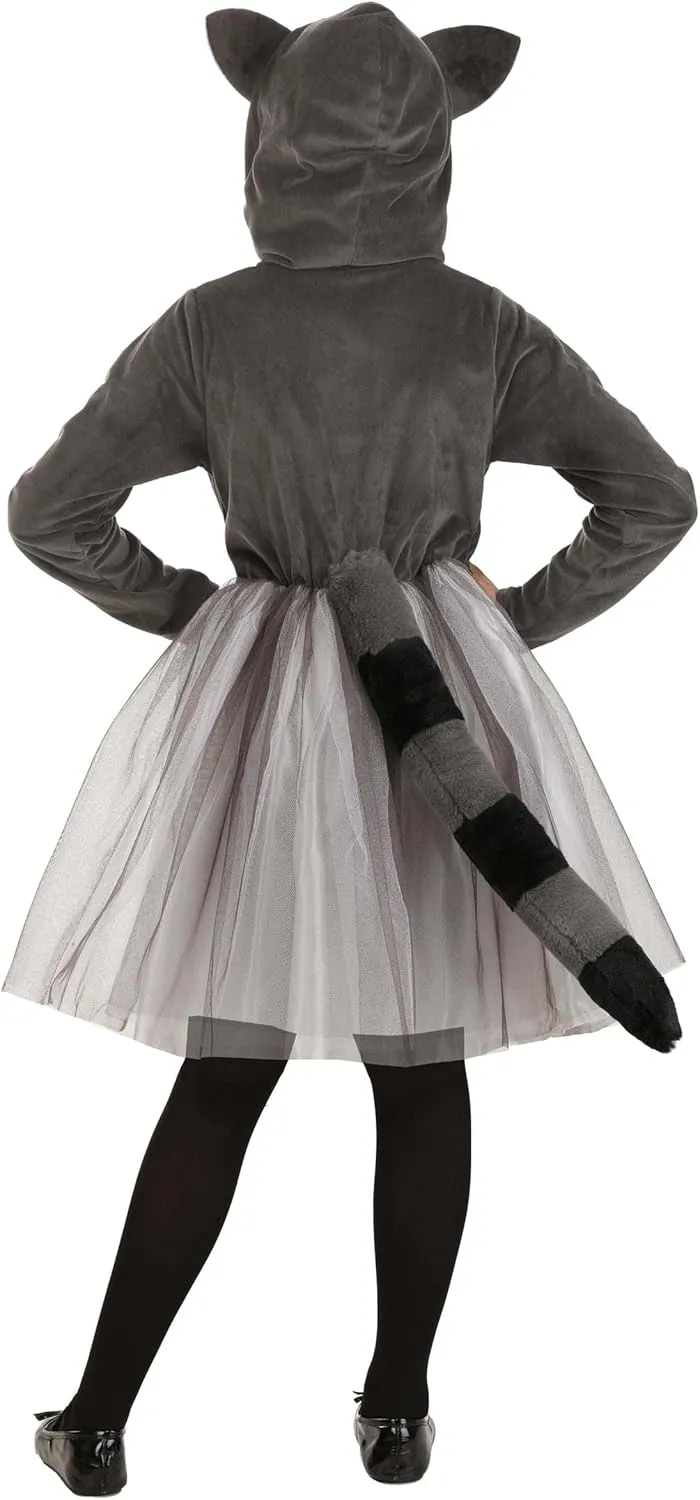 Kids Tutu Raccoon Costume with Hooded Dress and Faux Fur Tail