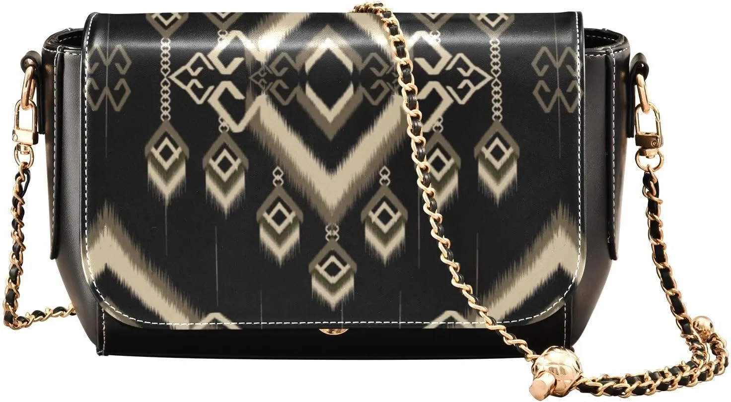 Kigai Black Ethic Ikat Pattern Crossbody Bags for Women Retro Cross Body Purse Small PU Leather Shoulder Handbags with Chain Strap
