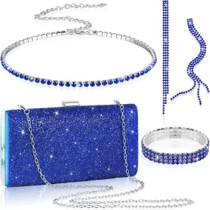 Kigeli 4 Pieces Women Rhinestone Evening Clutch Bag Bling Earring Necklace Bracelet for Wedding Formal