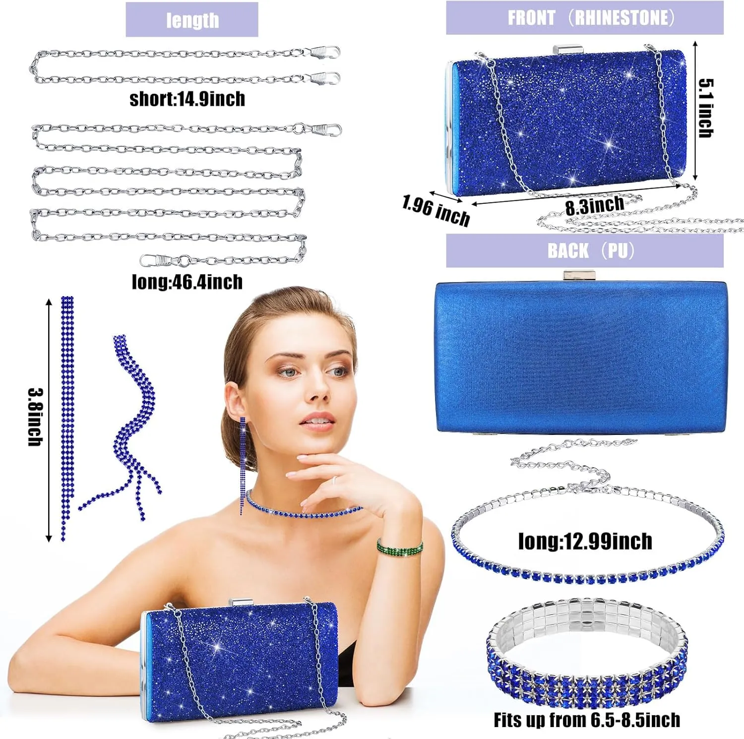 Kigeli 4 Pieces Women Rhinestone Evening Clutch Bag Bling Earring Necklace Bracelet for Wedding Formal