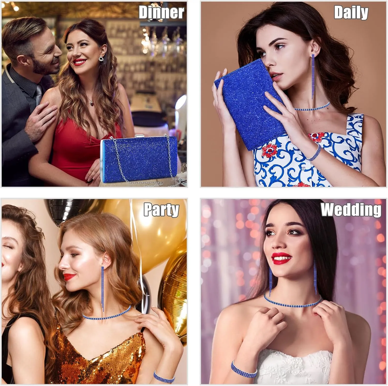 Kigeli 4 Pieces Women Rhinestone Evening Clutch Bag Bling Earring Necklace Bracelet for Wedding Formal