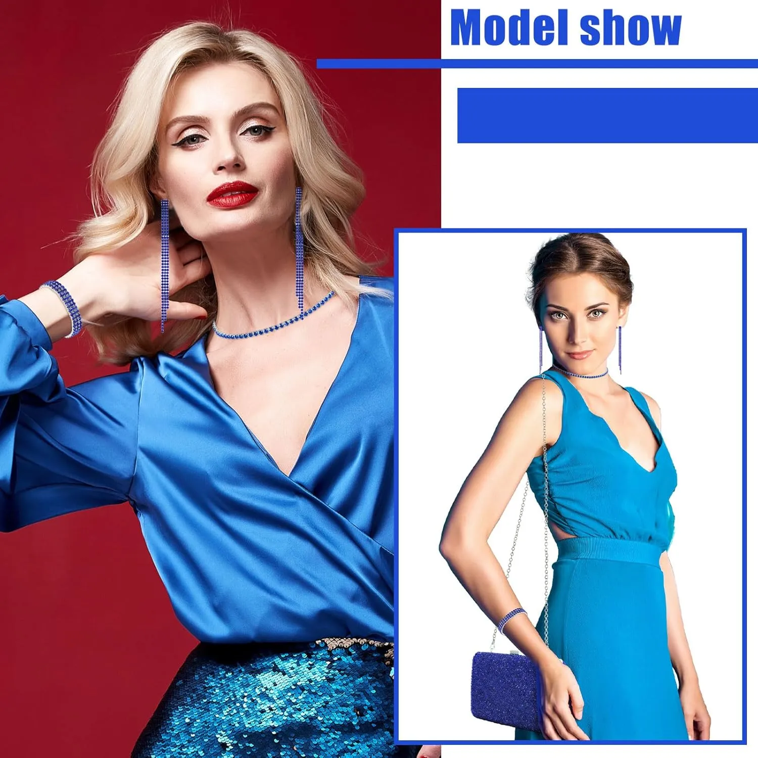 Kigeli 4 Pieces Women Rhinestone Evening Clutch Bag Bling Earring Necklace Bracelet for Wedding Formal