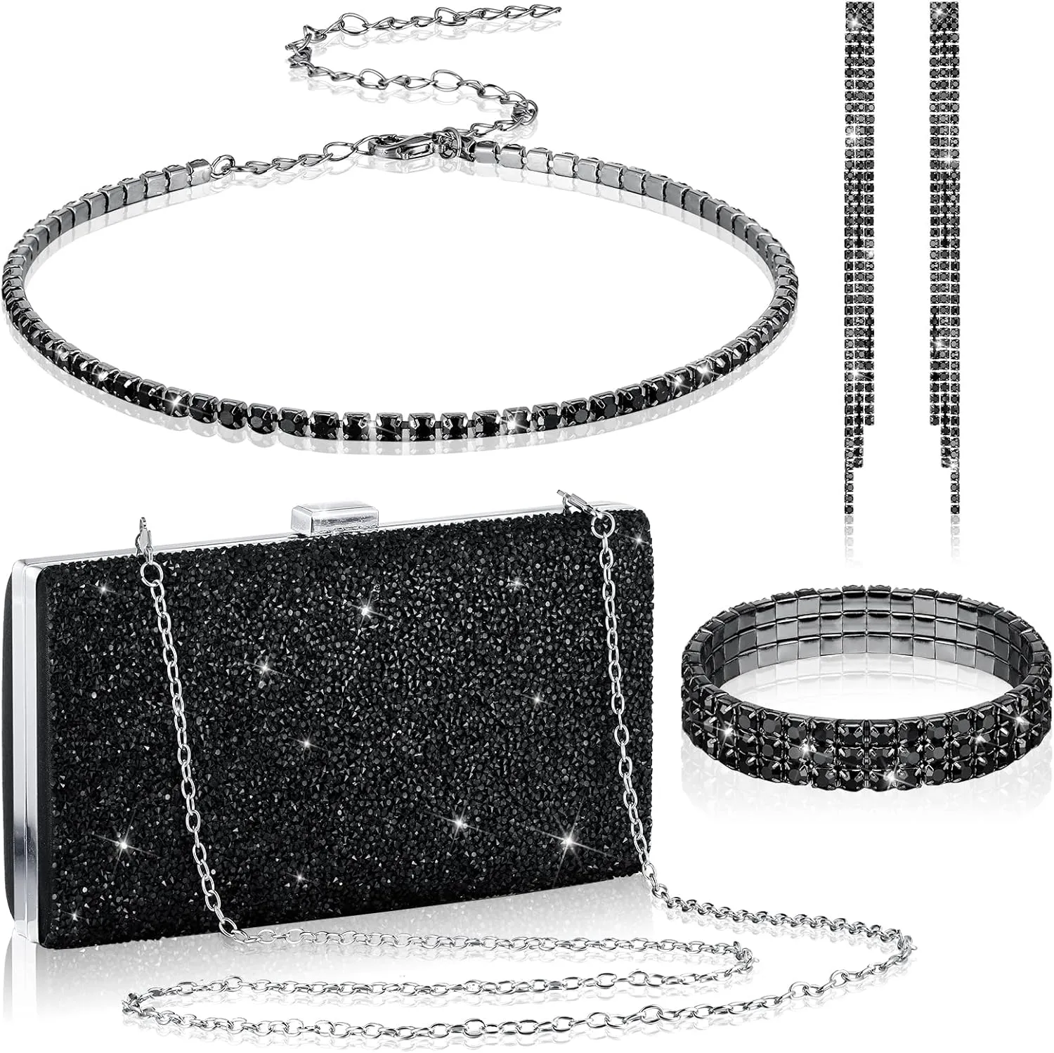 Kigeli 4 Pieces Women Rhinestone Evening Clutch Bag Bling Earring Necklace Bracelet for Wedding Formal