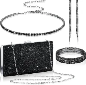 Kigeli 4 Pieces Women Rhinestone Evening Clutch Bag Bling Earring Necklace Bracelet for Wedding Formal