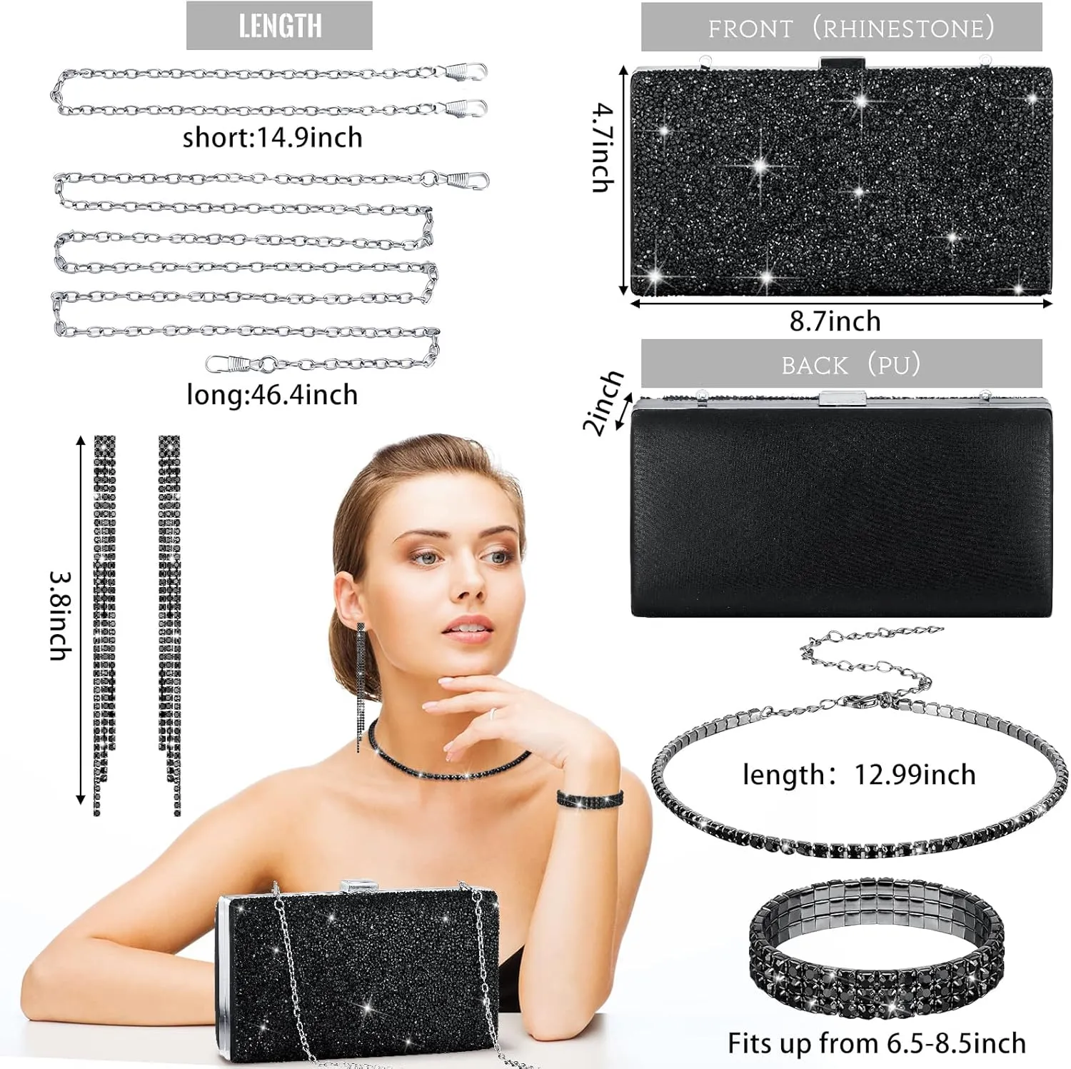 Kigeli 4 Pieces Women Rhinestone Evening Clutch Bag Bling Earring Necklace Bracelet for Wedding Formal