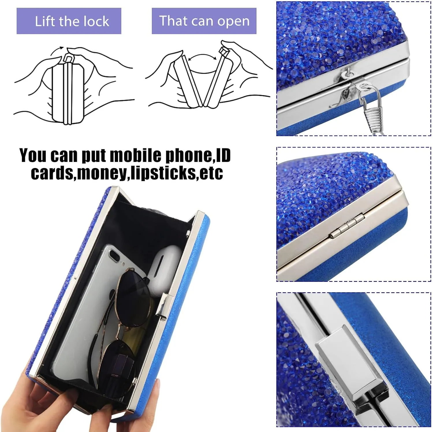 Kigeli 4 Pieces Women Rhinestone Evening Clutch Bag Bling Earring Necklace Bracelet for Wedding Formal