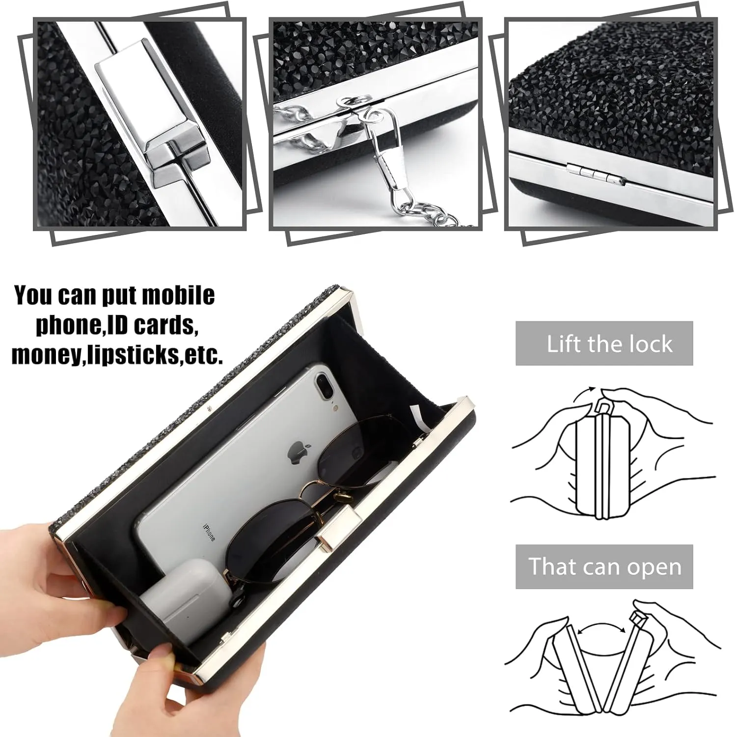 Kigeli 4 Pieces Women Rhinestone Evening Clutch Bag Bling Earring Necklace Bracelet for Wedding Formal