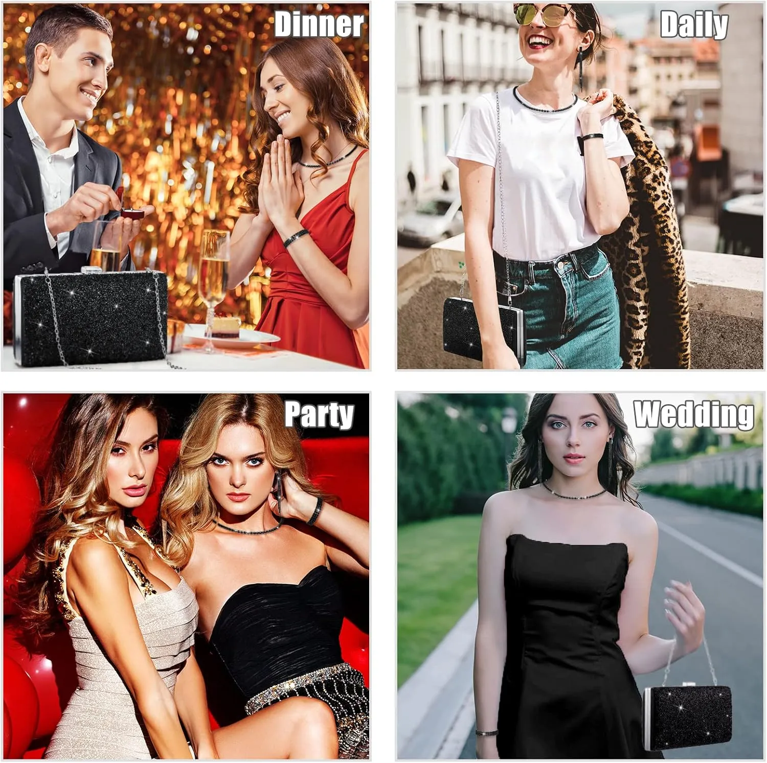 Kigeli 4 Pieces Women Rhinestone Evening Clutch Bag Bling Earring Necklace Bracelet for Wedding Formal