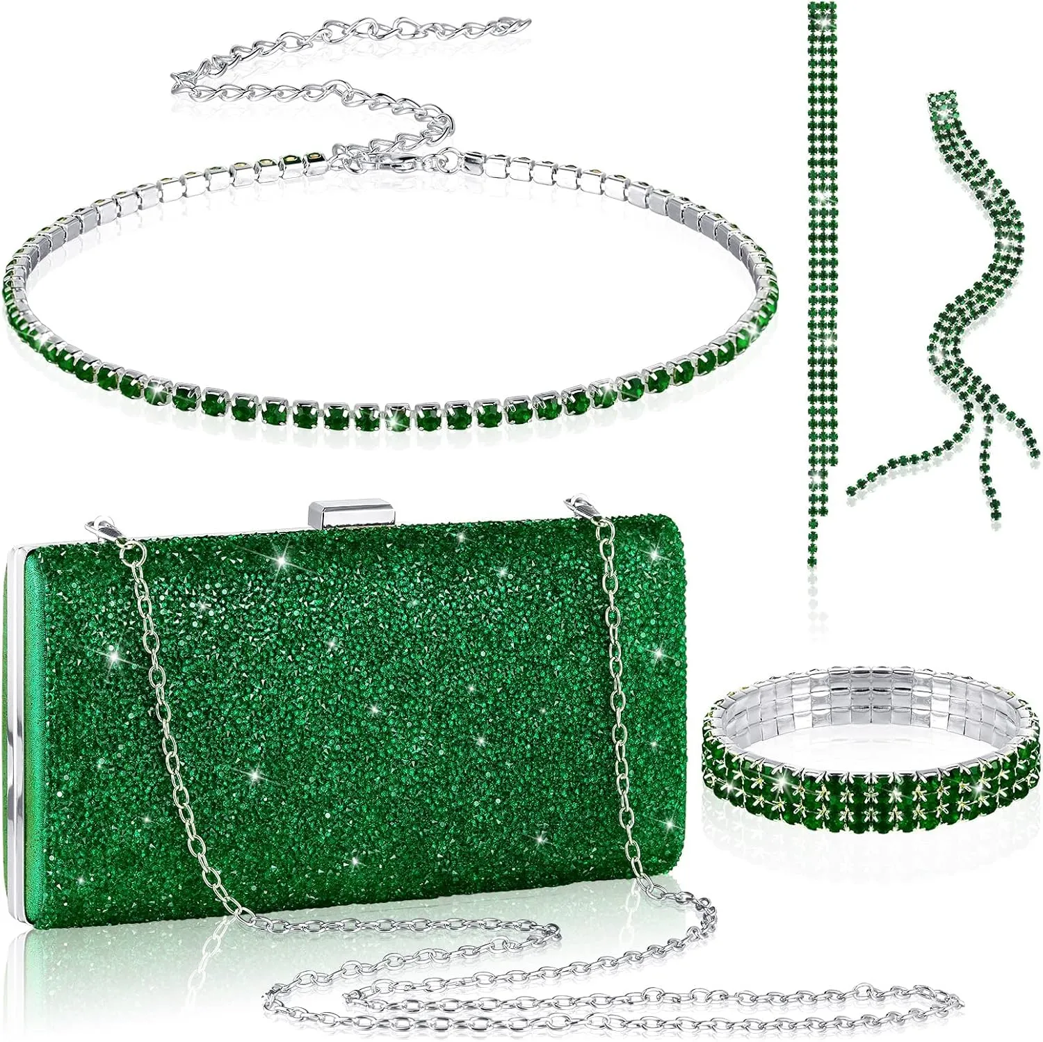 Kigeli 4 Pieces Women Rhinestone Evening Clutch Bag Rhinestone Ear Clip Bridal Wedding Choker Bracelet Dangle Bling Glitter Purse