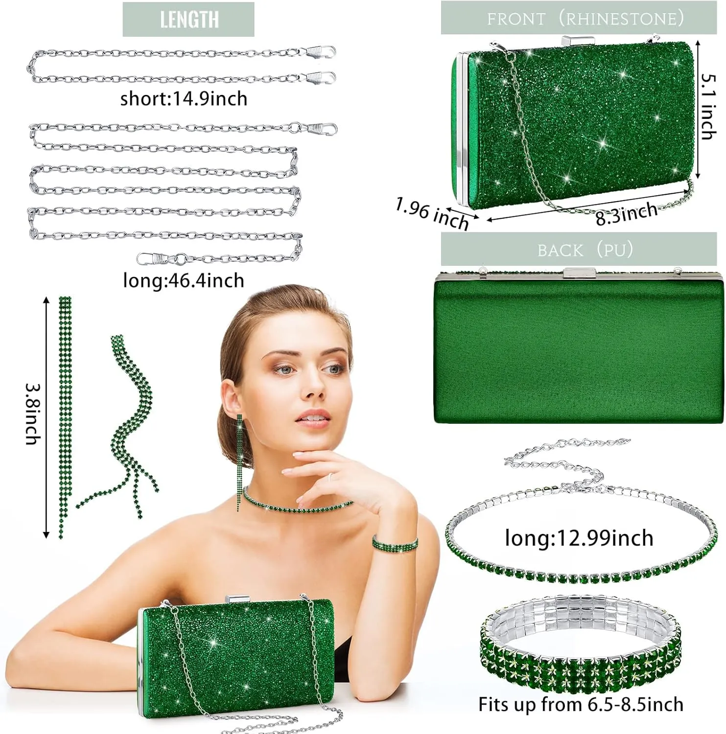 Kigeli 4 Pieces Women Rhinestone Evening Clutch Bag Rhinestone Ear Clip Bridal Wedding Choker Bracelet Dangle Bling Glitter Purse