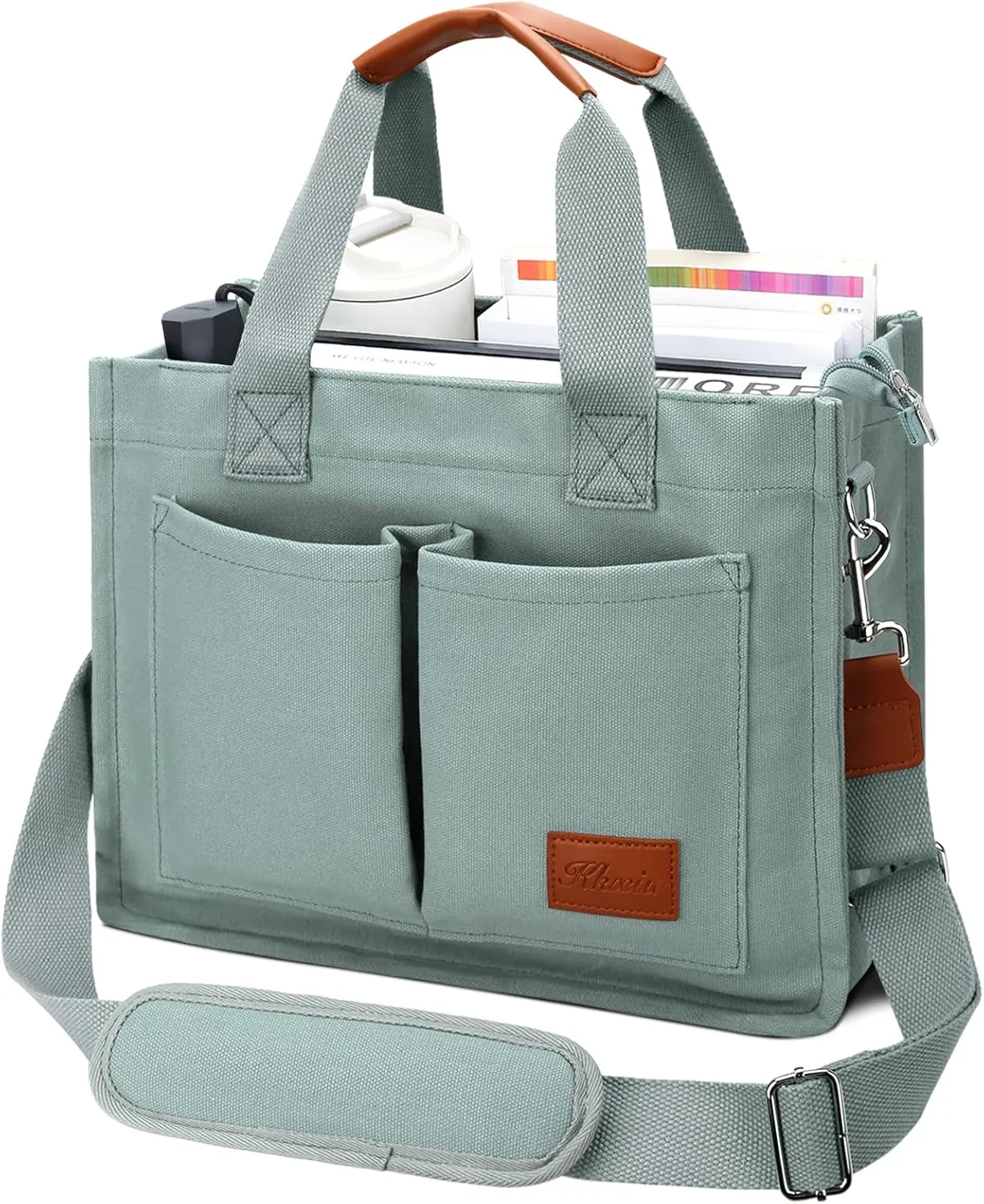 KKXIU Large Canvas Tote Bag for Women with Zipper and Compartments Crossbody Work Bible Messenger Purse Bag With Pockets
