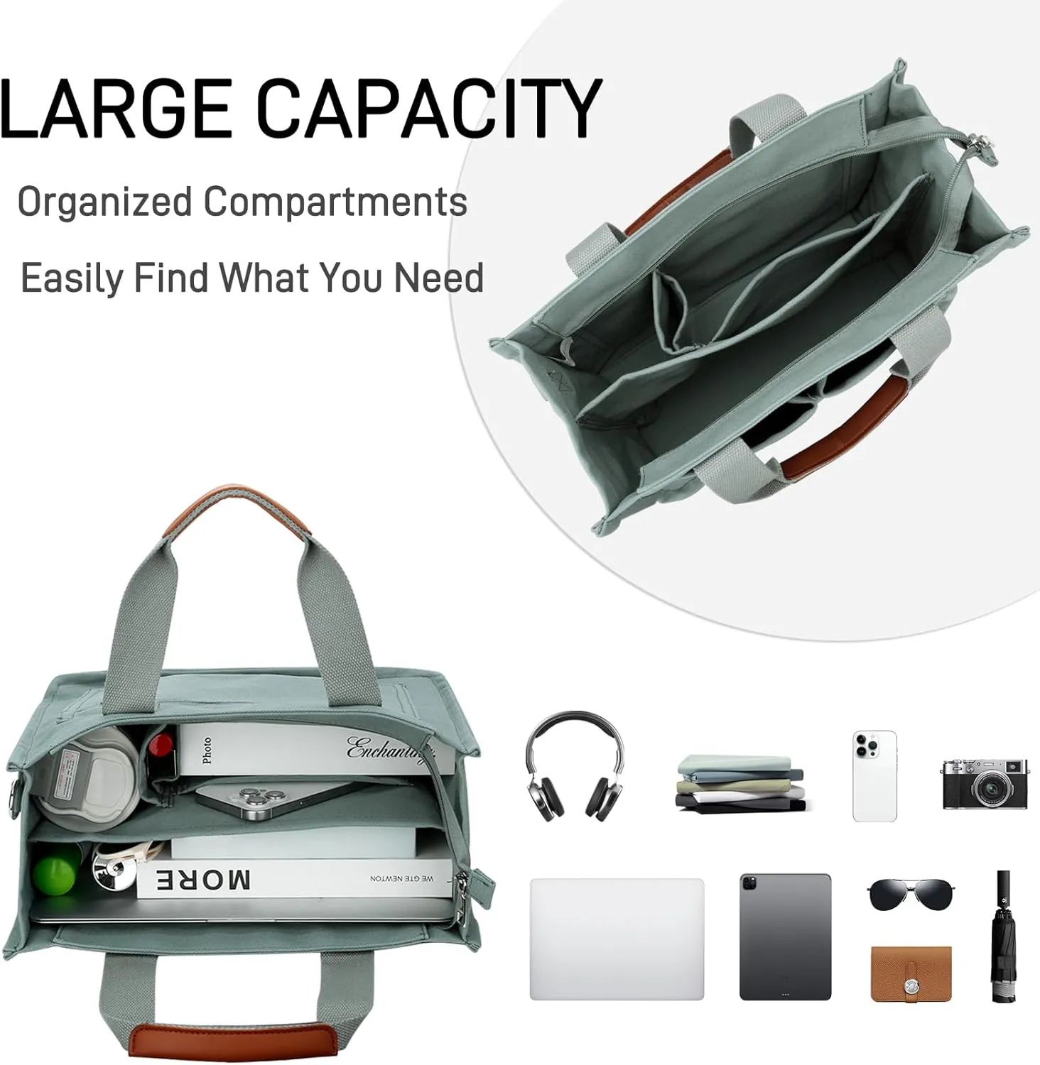 KKXIU Large Canvas Tote Bag for Women with Zipper and Compartments Crossbody Work Bible Messenger Purse Bag With Pockets