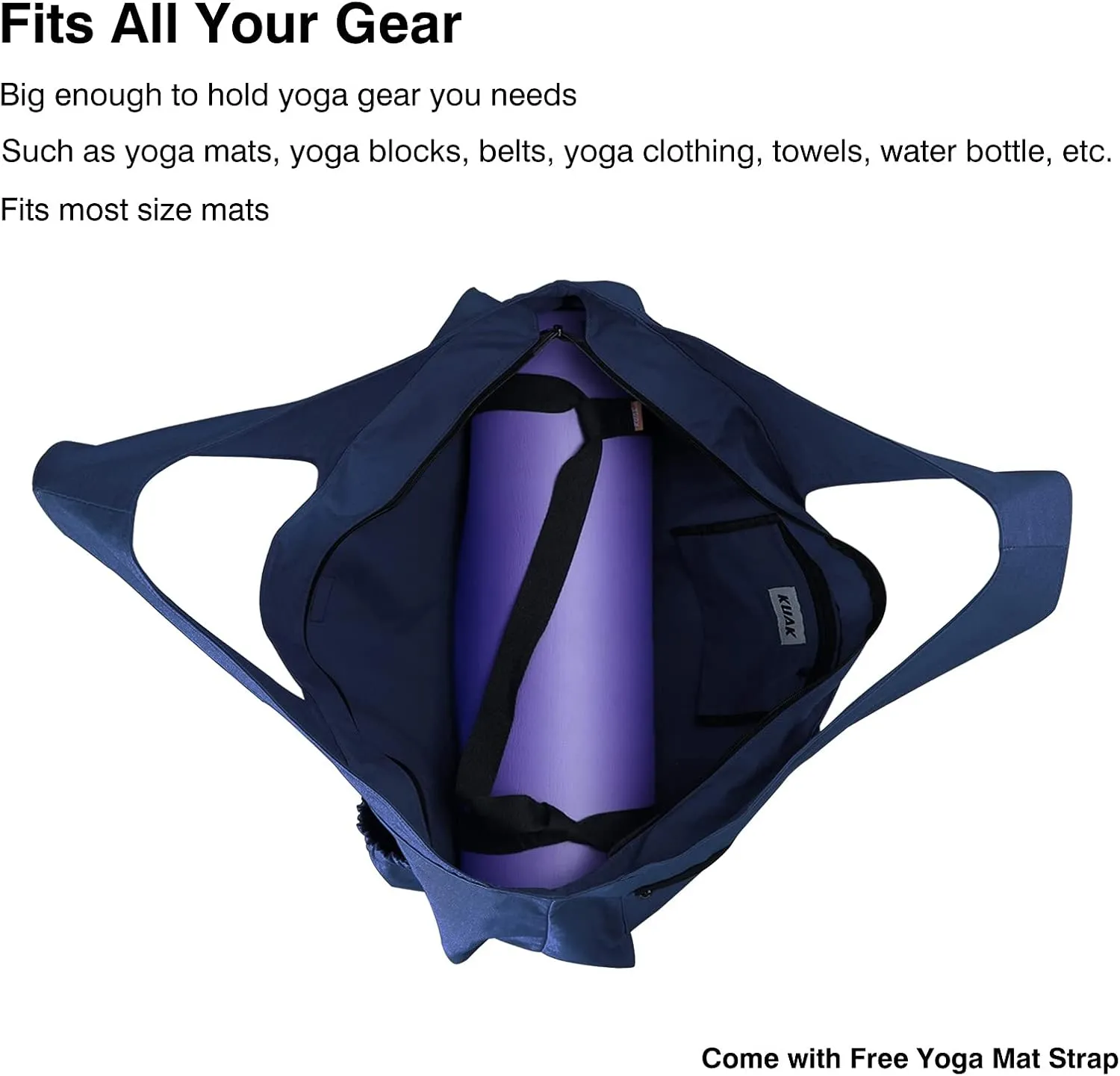 KUAK Extra Large Yoga Mat Bag with Zippered Top & 5 Pockets - Premium Canvas Tote with Yoga Mat Carrying Strap for Pilates, Gym, Fitness Block & Gear