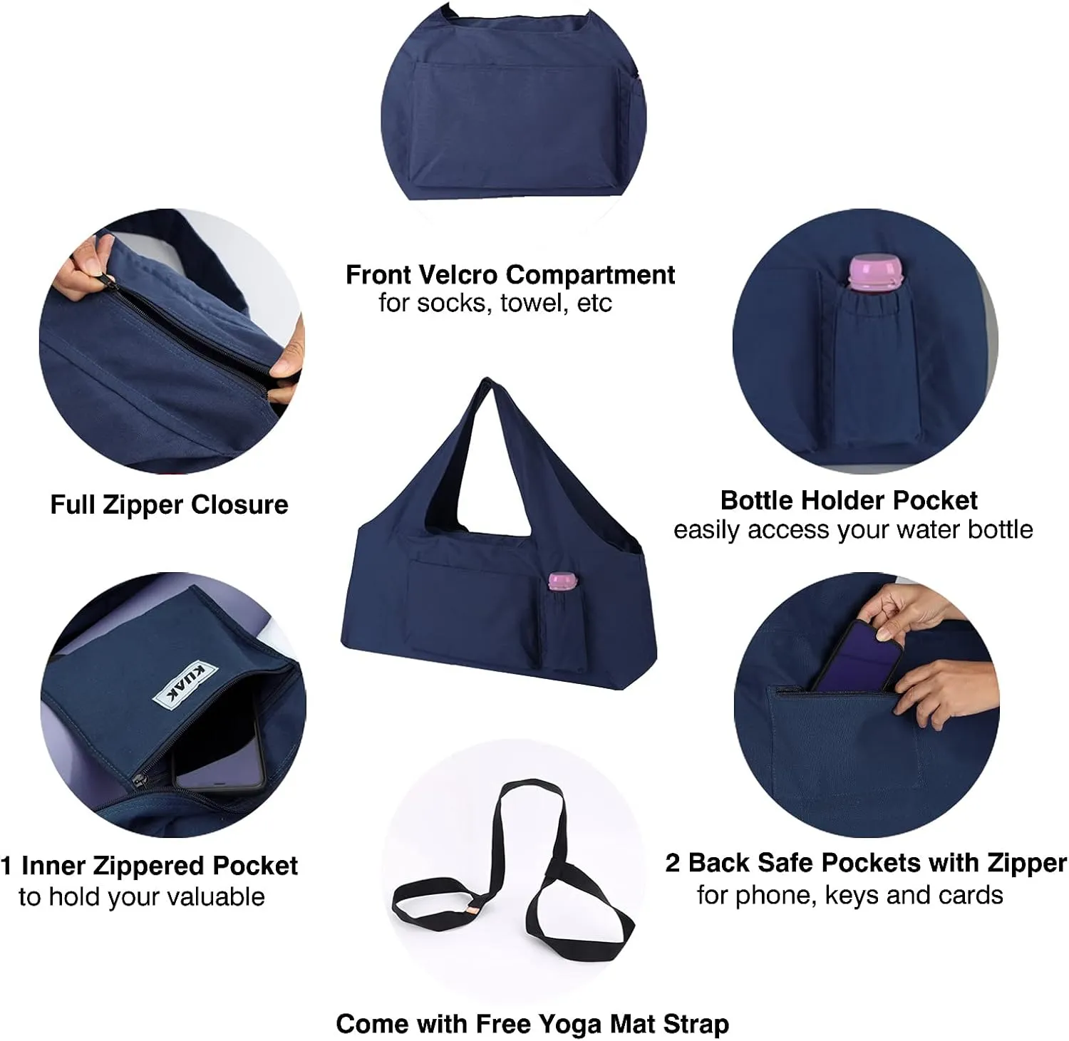 KUAK Extra Large Yoga Mat Bag with Zippered Top & 5 Pockets - Premium Canvas Tote with Yoga Mat Carrying Strap for Pilates, Gym, Fitness Block & Gear