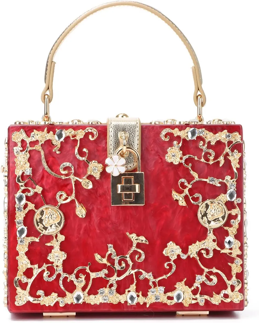 KUANG! Acrylic Flower Clutch Evening Bag Fashion Rhinestones Tote Box Handbags Purse for Banquet Party