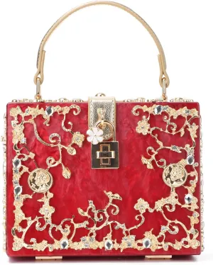 KUANG! Acrylic Flower Clutch Evening Bag Fashion Rhinestones Tote Box Handbags Purse for Banquet Party