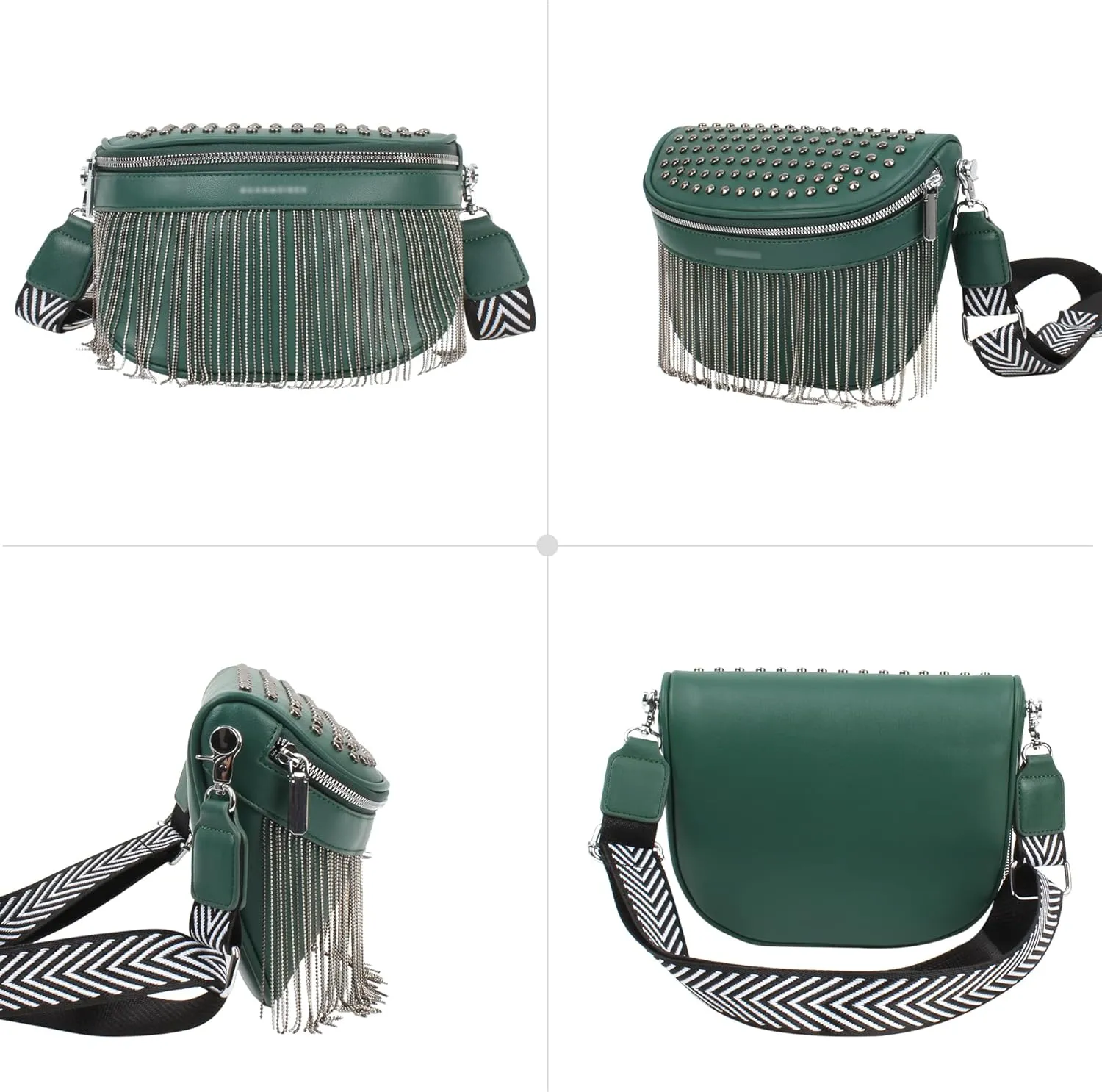 LABANCA Women Rivet Studded Zipper Pocket Shoulder Purse Faux Leather Waist Packs Rave Chest Bag Festival Fanny Bag Purse Green