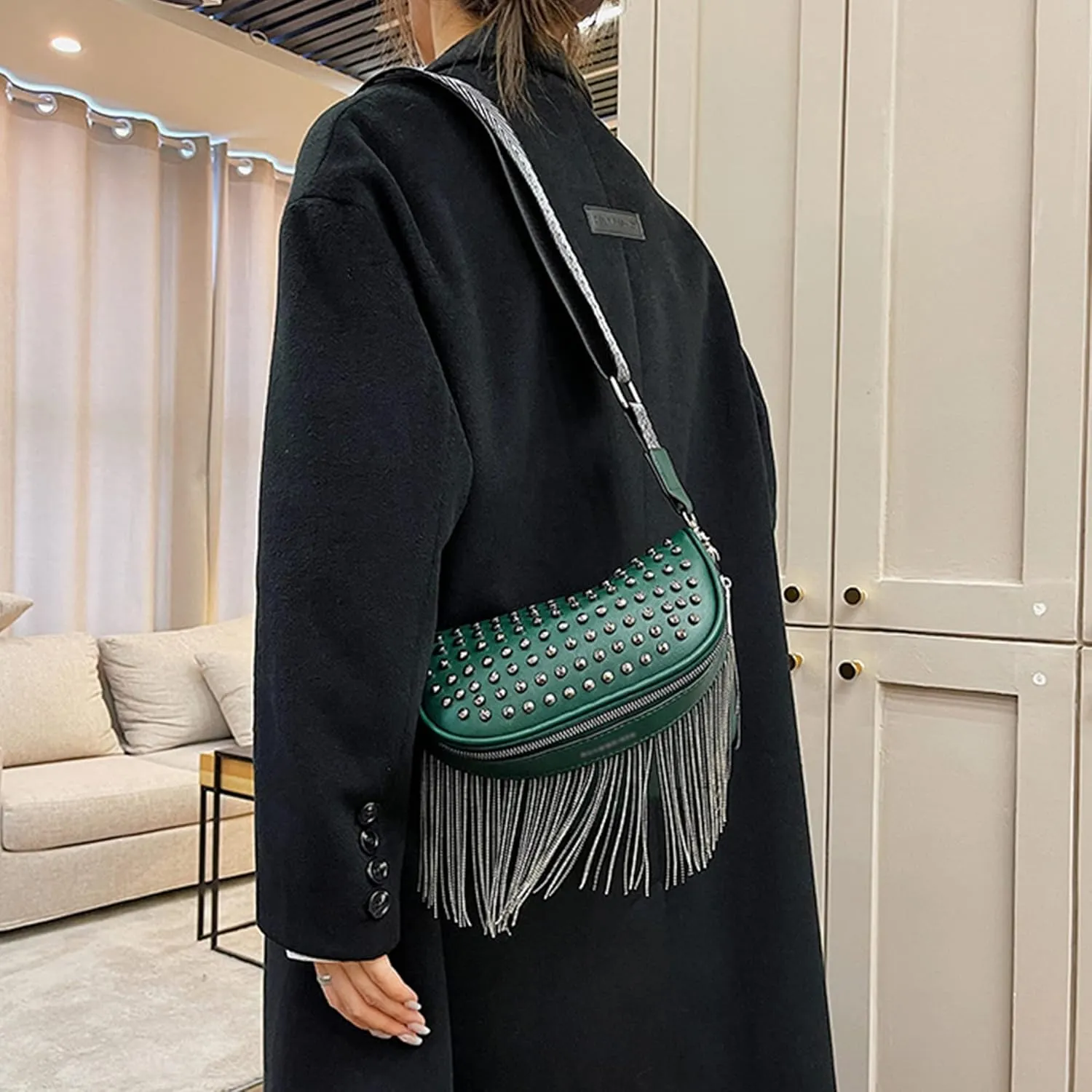 LABANCA Women Rivet Studded Zipper Pocket Shoulder Purse Faux Leather Waist Packs Rave Chest Bag Festival Fanny Bag Purse Green