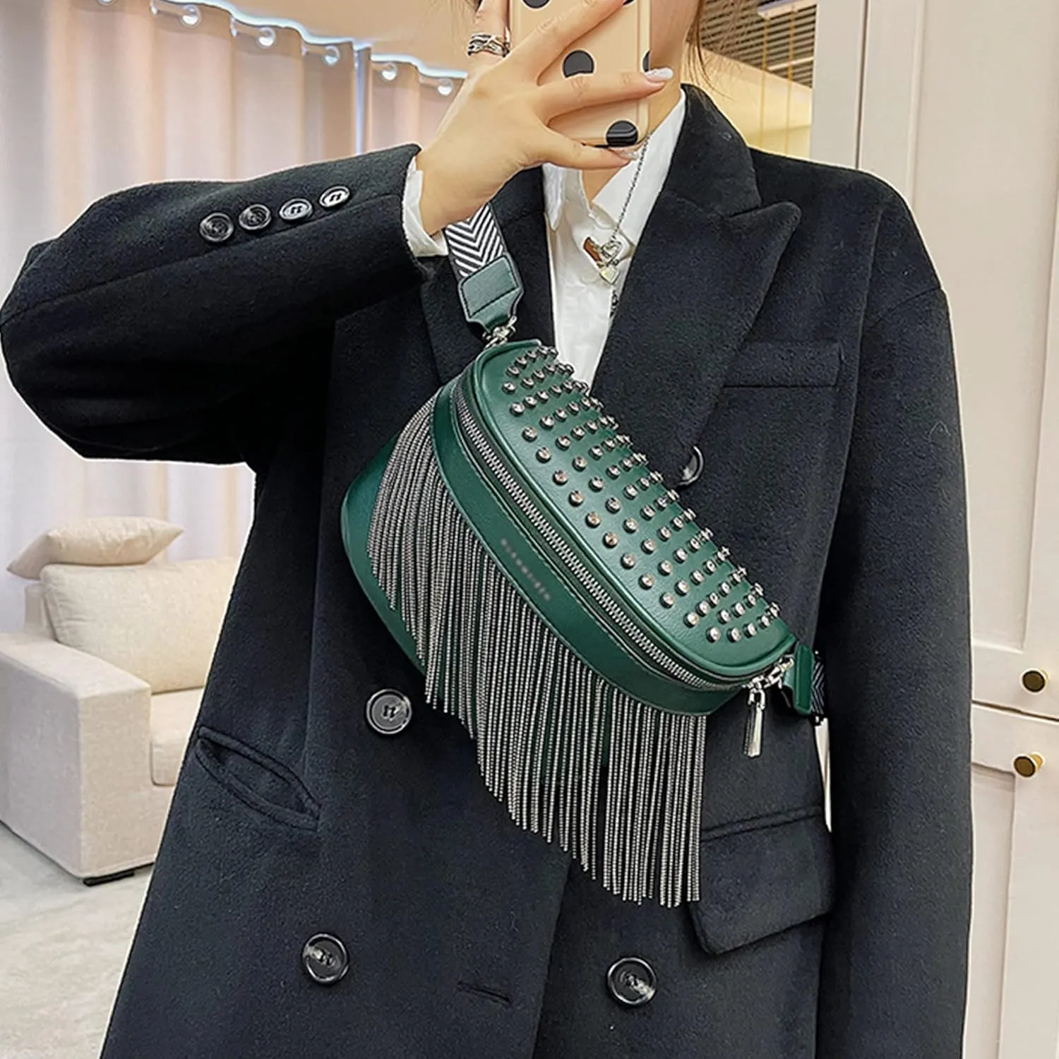 LABANCA Women Rivet Studded Zipper Pocket Shoulder Purse Faux Leather Waist Packs Rave Chest Bag Festival Fanny Bag Purse Green