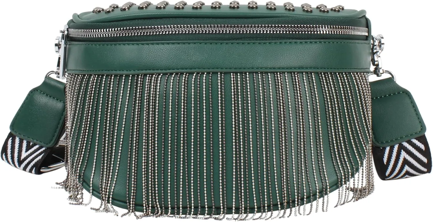 LABANCA Women Rivet Studded Zipper Pocket Shoulder Purse Faux Leather Waist Packs Rave Chest Bag Festival Fanny Bag Purse Green